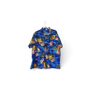 Vintage Rina Caribbean Hawaiian Shirt‎ Blue Tropical Palm Tree Hibiscus Large